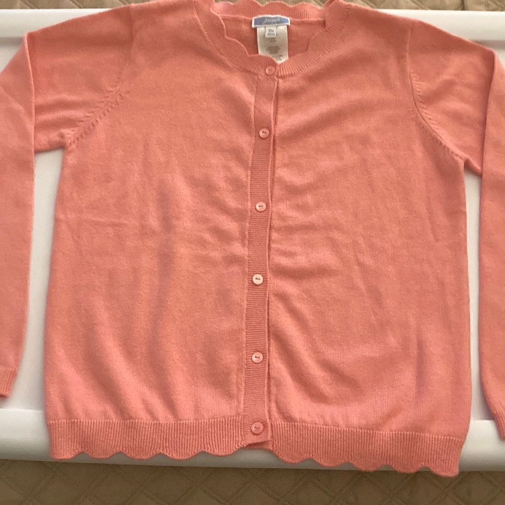 Bonpoint Girls Cardigan With Scalloped Neck And Hem. Pink Cotton/Wool Blend.